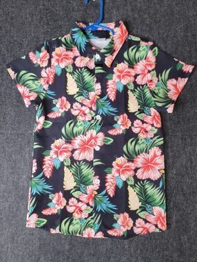Little Kid's Hawaiian Style Button Up Short Sleeve Shirt Size 5/6 Black Red Blue